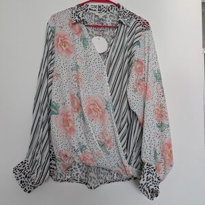White Wrap Blouse with Pink Floral & Mix Animal Print